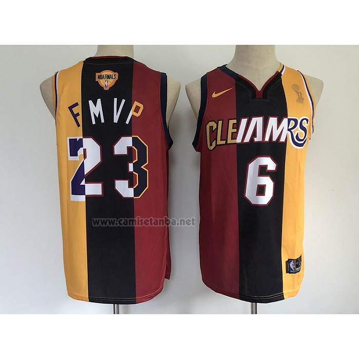 Camiseta Los Angeles Lakers Lebron James #6 23 2020 FMVP Heat Cavaliers Split Dual Number Rojo Oro